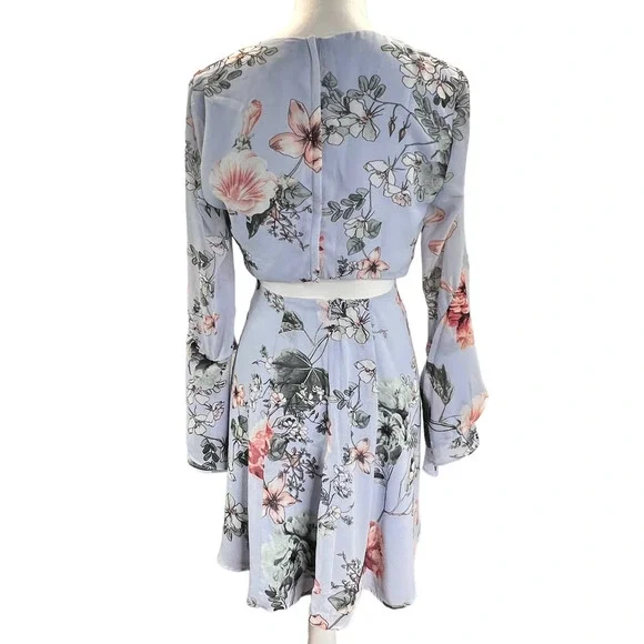 Bardot Revolve Mini Dress Blue Size 6 Floral Frill Bell Sleeves Ruffles Cut Out - Picture 5 of 12